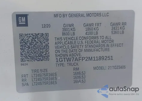 2021 GMC Savana Cargo Rwd 2500 Regular Wheelbase Work Van из США, поврежденный, VIN 1GTW7AFP2M1189251